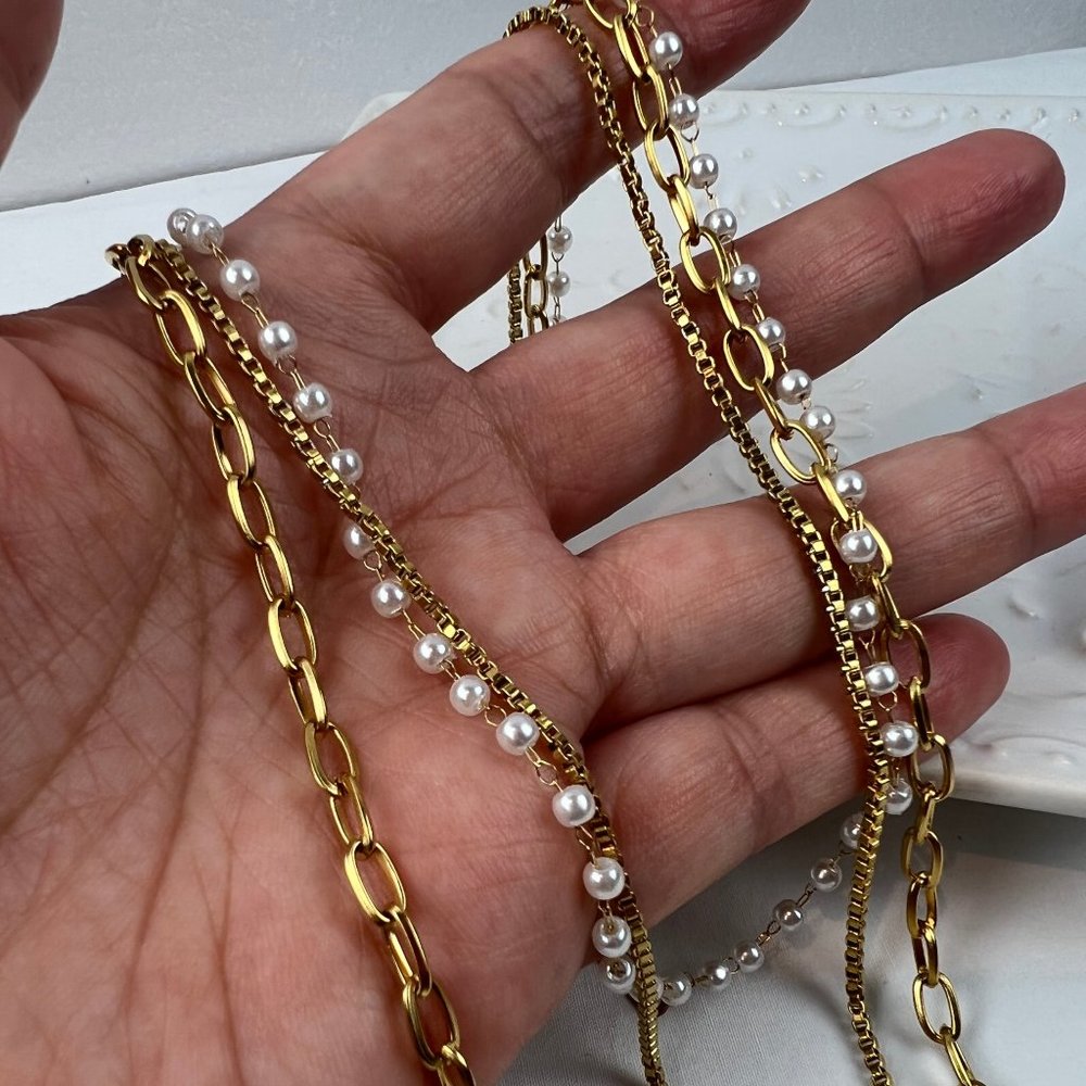 3 Layer Pearl Necklace Three Layer Pearl Necklace Gold Layered Chain Necklace - Picture 10 of 13